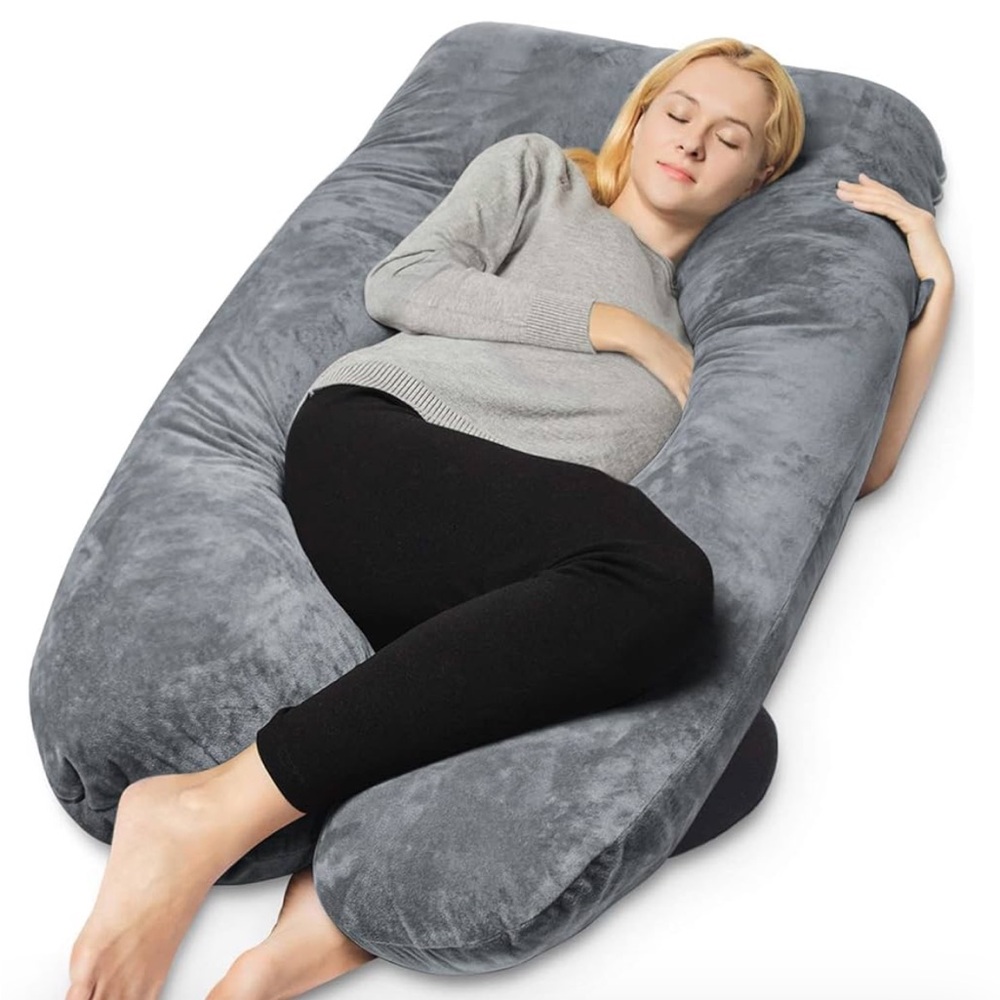 Queen Rose U-Shaped Pregnancy Pillow with “cozy gray velvet” cover, 55”